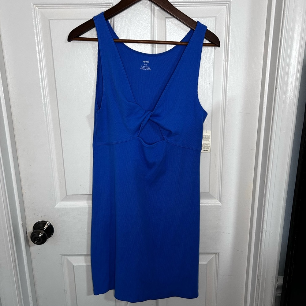 NEW Aerie Womens Blue Sleeveless Ribbed Fitted Midi Dress SZ Large Bow Accent